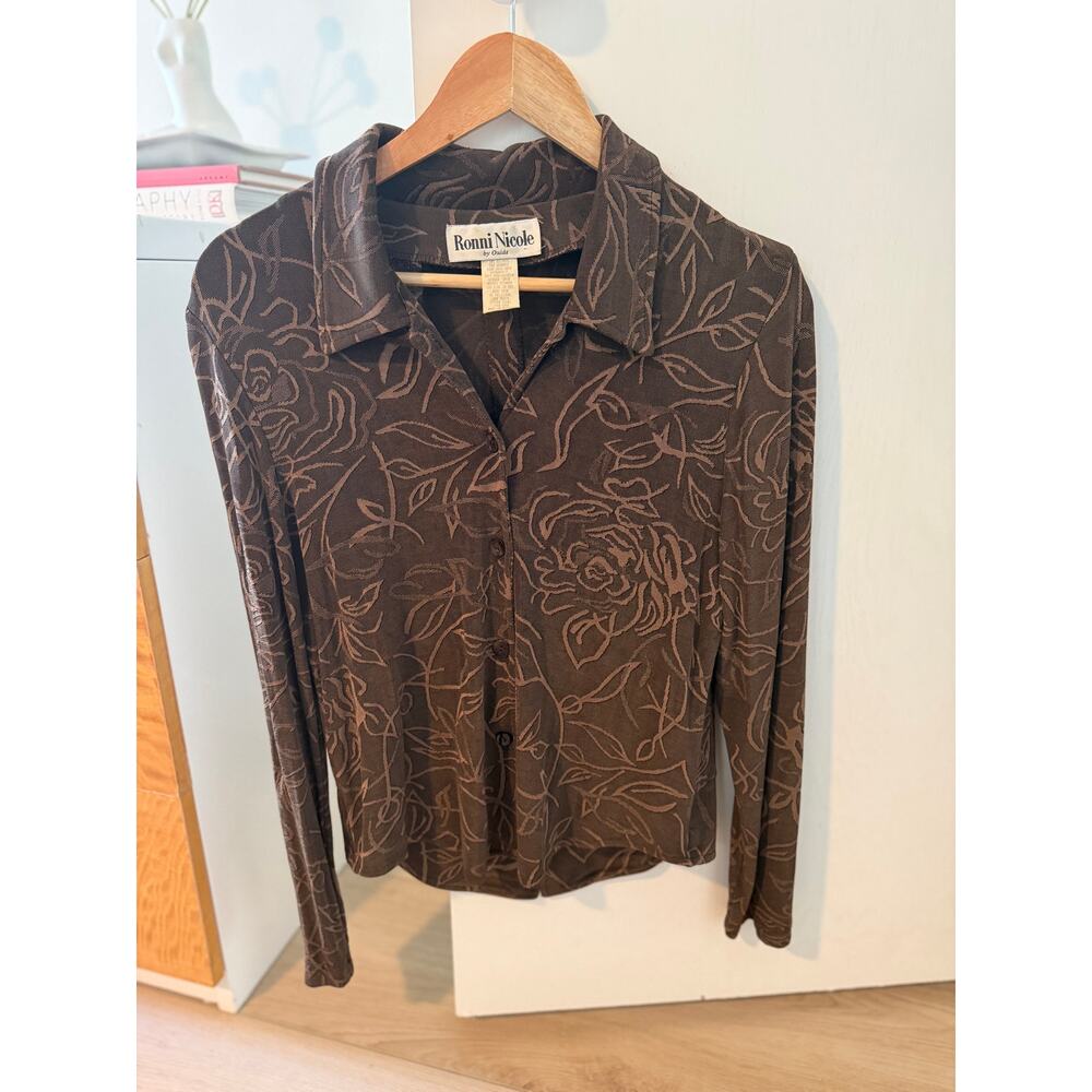 Sheer Burnout Floral‎ Top Brown Black Lightweight Y2K Layering Blouse ✨